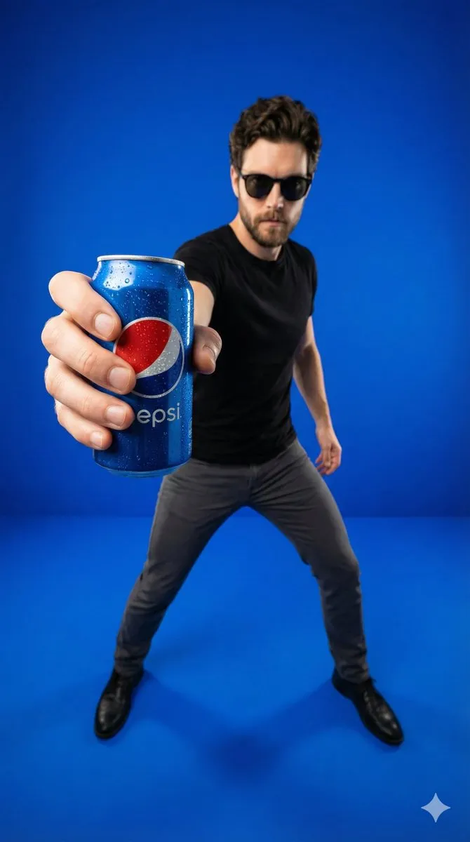 Промпт для рекламного постера Pepsi с банкой в переднем плане и моделью на синем фоне.
