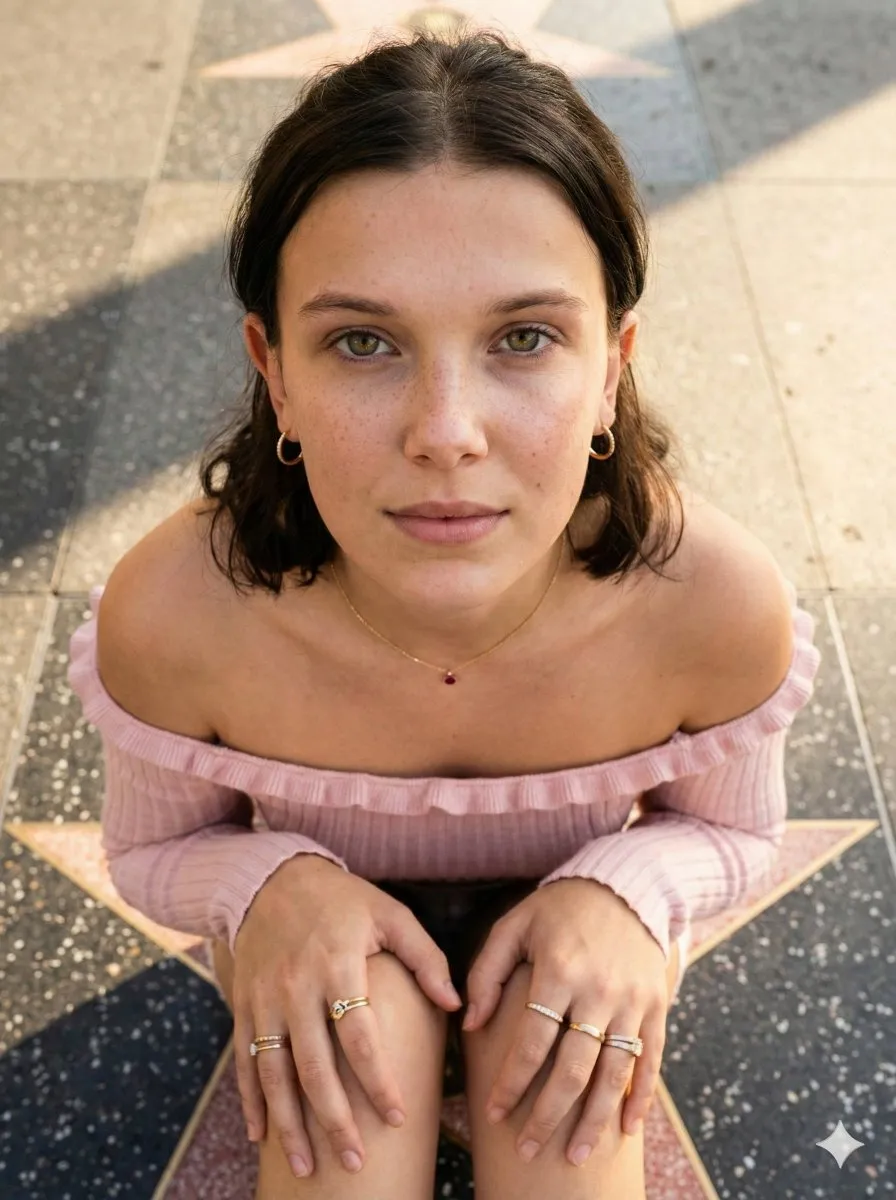 Женщина, напоминающая Sydney Sweeney, смотрит вверх на камеру на Аллее славы в Лос-Анджелесе. · пример 3