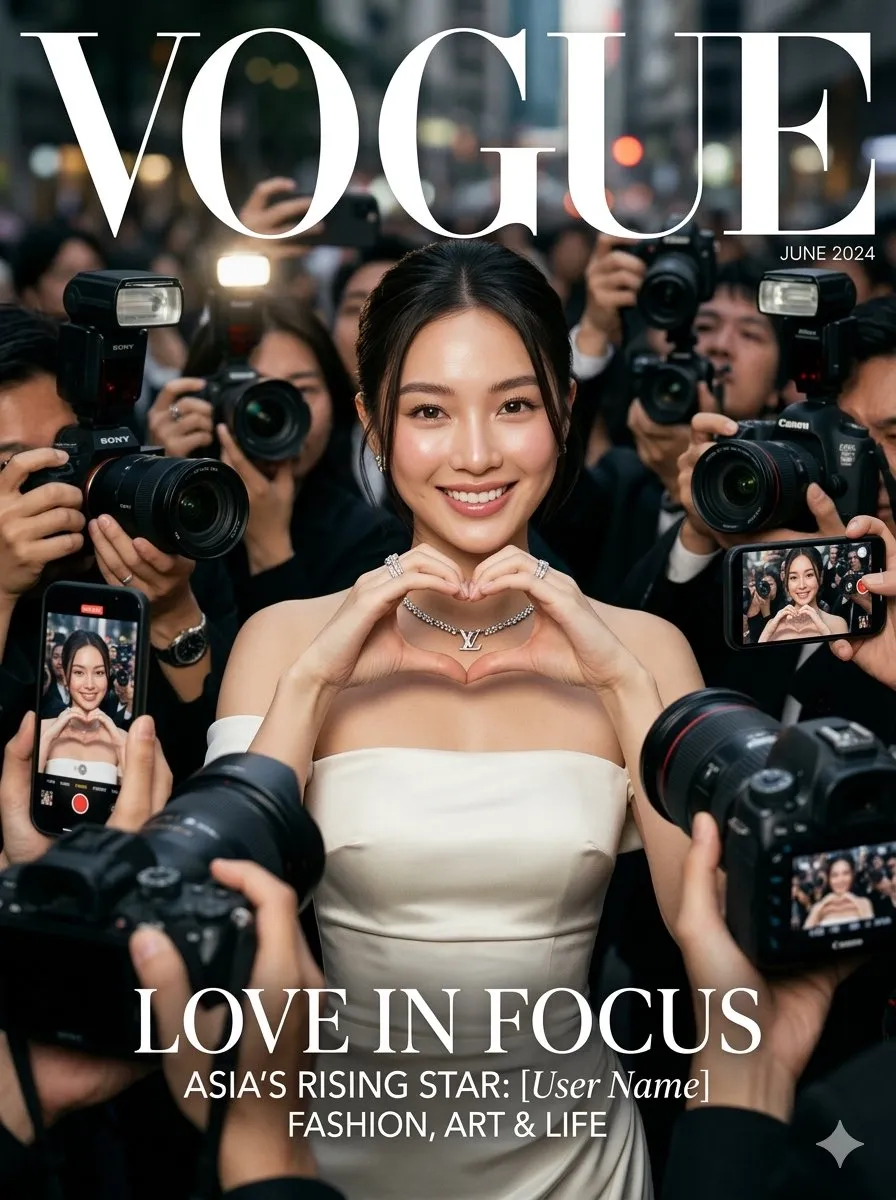 Женщина подмигивает и складывает руками сердце для обложки Vogue. · пример 4