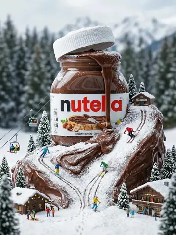 Пример JSON-промпта для зимнего пейзажа вокруг большой банки Nutella.