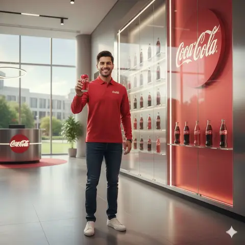 Банка Coca-Cola со всплеском колы и мужчина с напитком в фирменном лобби