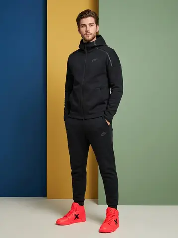 Пример промпта для каталожного образа мужчины в костюме Nike и кроссовках Jordan.