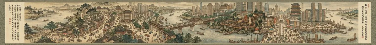 Промпт для панорамной жанровой картины современного города в стиле свитка «Along the River During the Qingming Festival». · пример 4