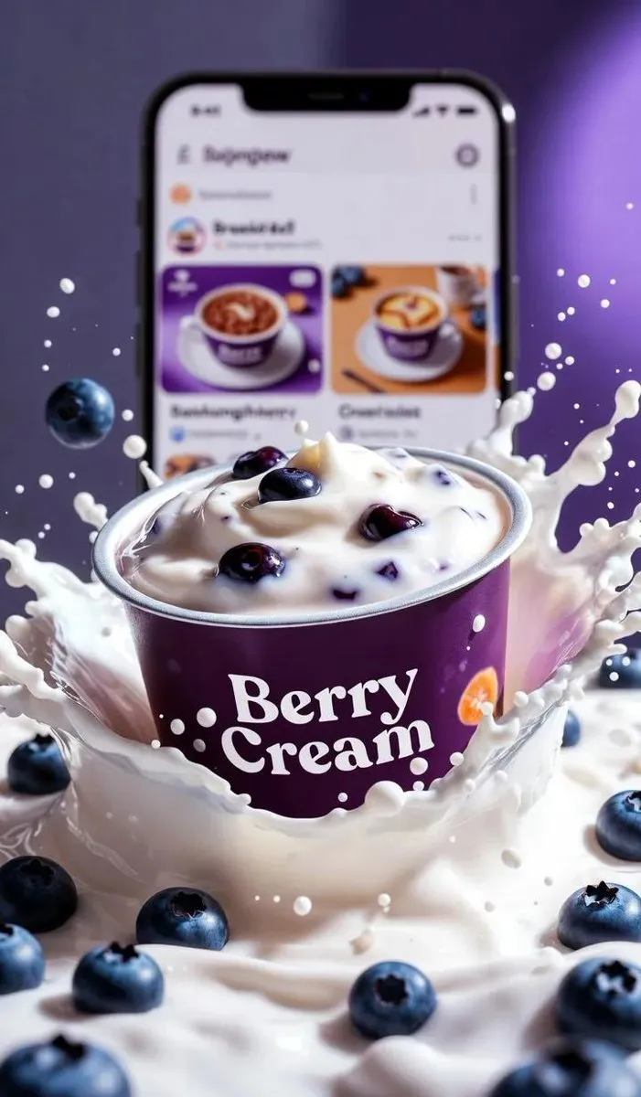 Упаковка йогурта Berry Cream окружена черникой, каплями молока и брызгами сливок. · пример 1