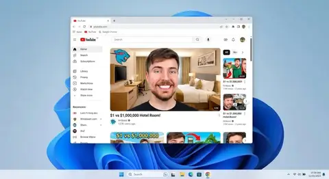 На рабочем столе Windows 11 открыт Chrome с миниатюрой видео Mr. Beast на YouTube.
