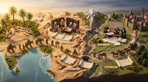 Миниатюрный караван пересекает 3D-карту исторического торгового пути