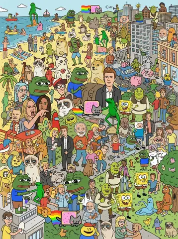 Короткий промпт для изображения с мем-персонажами в стиле Where’s Wally.
