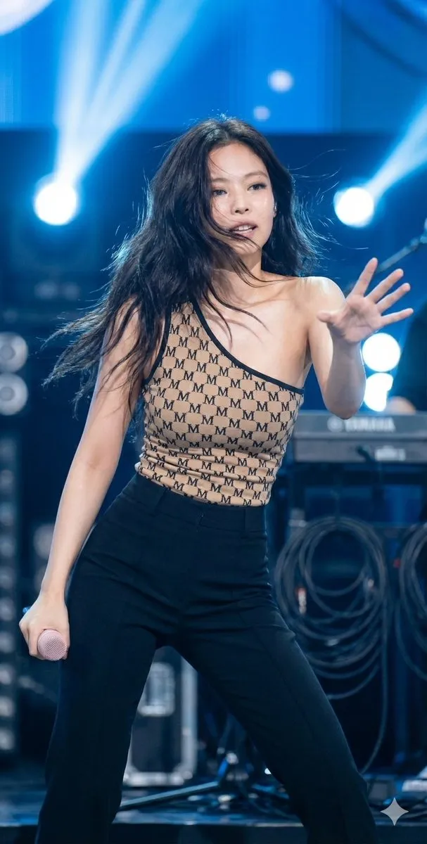 Jennie из BLACKPINK позирует в три четверти с развевающимися волосами на фоне сценического оборудования и холодного синего света. · пример 1