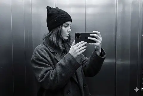 Женщина в чёрной шапке с кошачьими ушками фотографирует себя в зеркале лифта