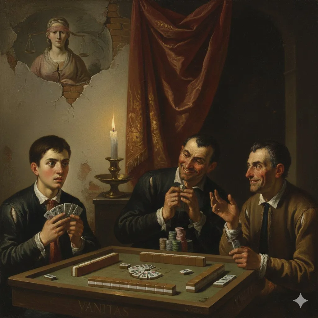 Промпт для морализаторской картины о жульничестве в настольной игре.