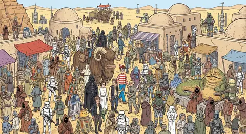 Иллюстрация в стиле Where’s Waldo со сценой Star Wars на Татуине и персонажем Уолли.
