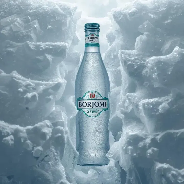 Промпт для предметной фотографии бутылки Borjomi в окружении льда и снега. · пример 2