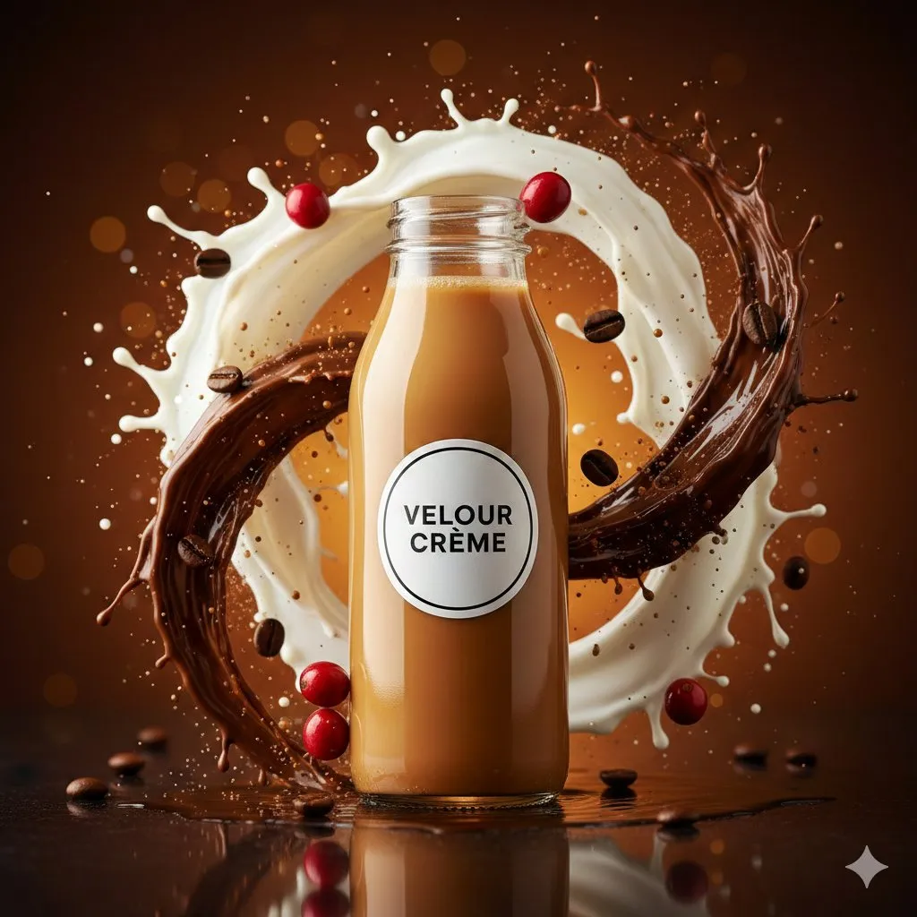 Стеклянный флакон VELOUR CRÈME окружён молочными и кофейными брызгами. · пример 2