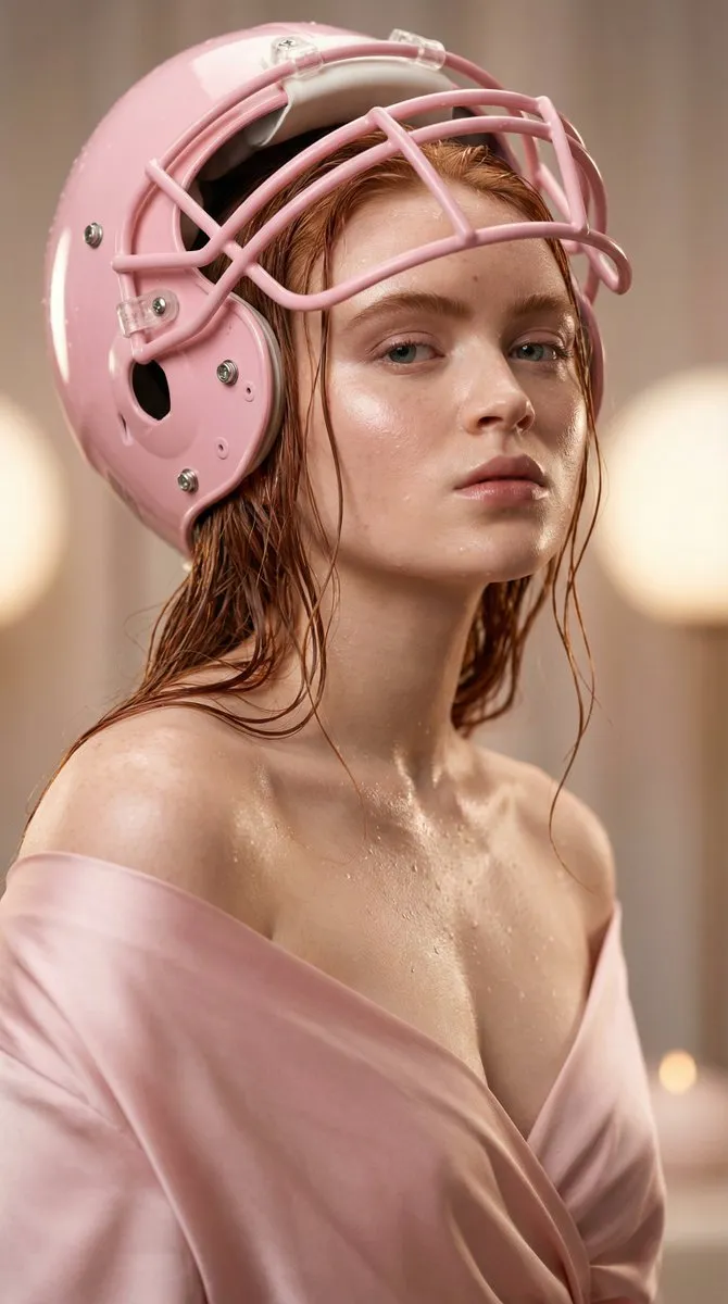 Пример промпта для фотореалистичного портрета Sadie Sink в пастельно-розовом шлеме. · пример 2