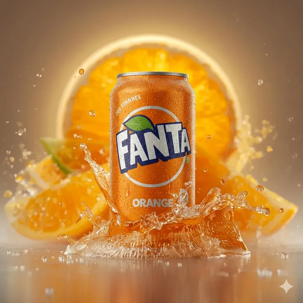 Пример рекламного кадра банки Fanta Orange среди разлетающихся долек и капель сока. · пример 3