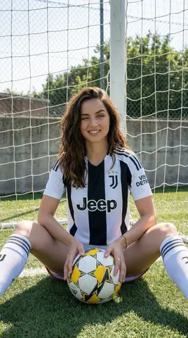 Пример промпта для портрета женщины в форме FC Juventus на футбольном поле.