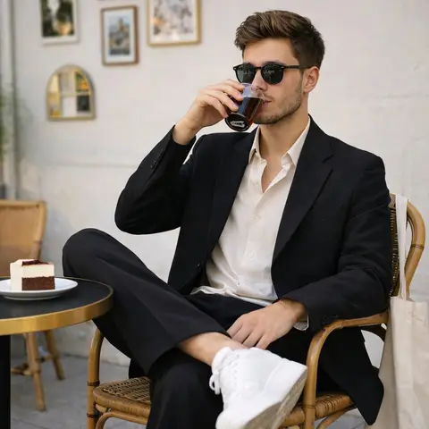Молодой мужчина в чёрном пиджаке сидит в кафе за столиком с кусочком торта.
