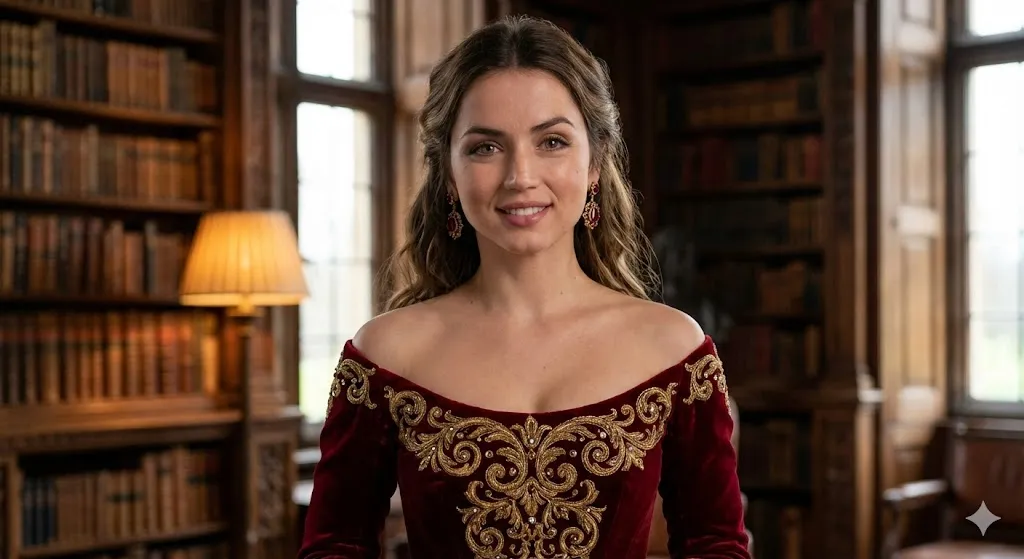 Пример серии из трёх редакционных образов Ana de Armas в исторических интерьерах. · пример 3