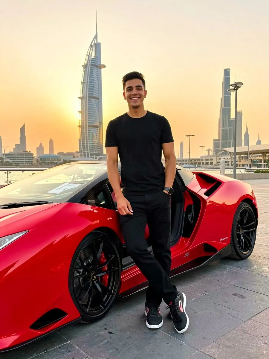 Молодой мужчина стоит у красного Lamborghini Huracán на фоне Дубая. · пример 3