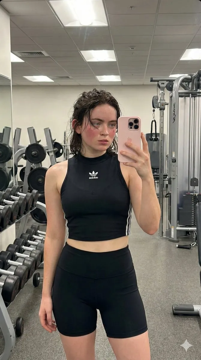 Молодая женщина в чёрном комплекте Adidas снимает селфи в зеркале коммерческого спортзала. · пример 2
