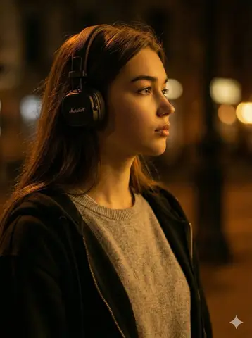 Пример промпта для портрета в профиль с янтарным светом и размытым фоном.