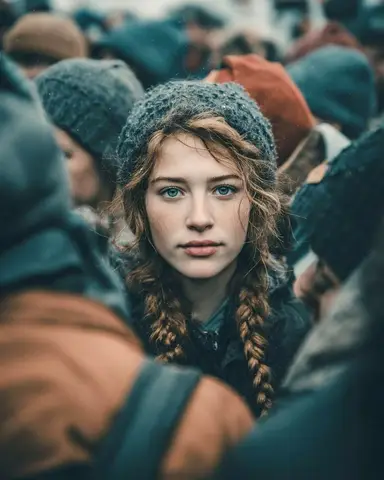 Пример уличного портрета, где неподвижный человек выделяется на фоне движущейся толпы.