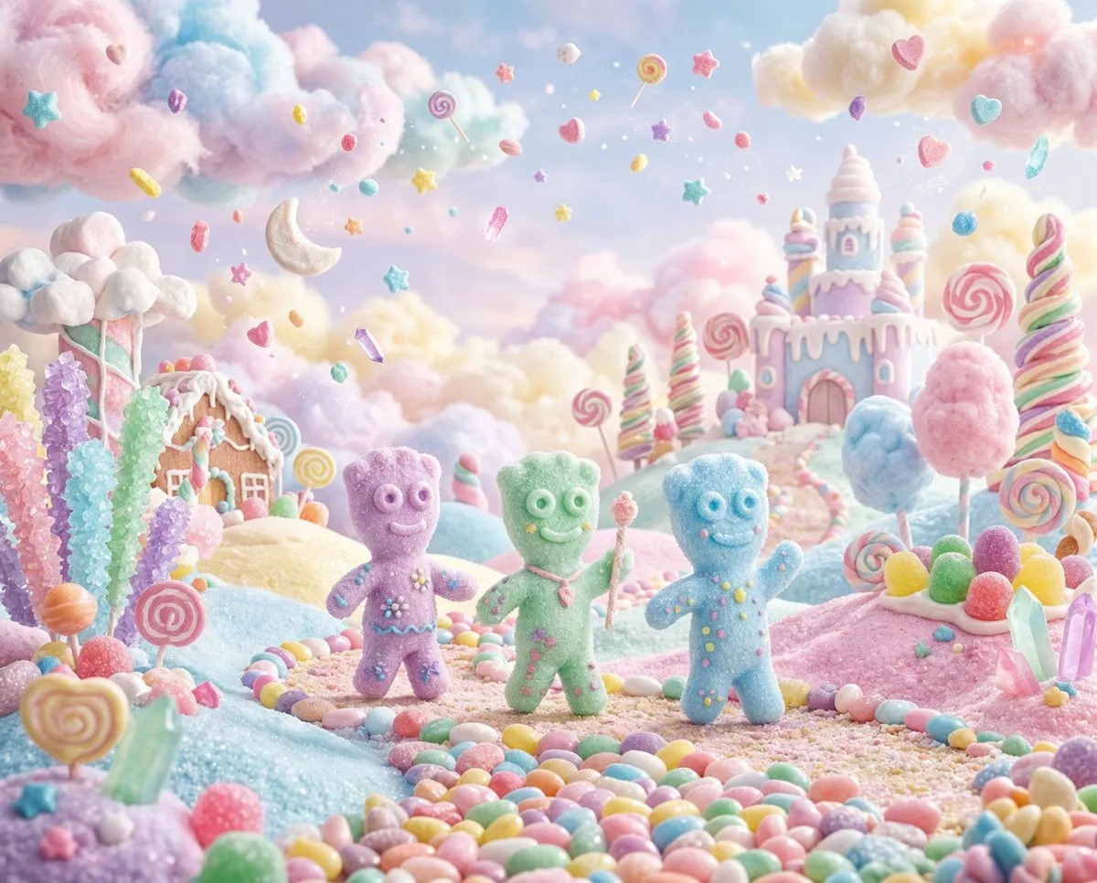 Конфеты Sour Patch Kids с пастельной росписью среди парящих сладостей и пастельных облаков.