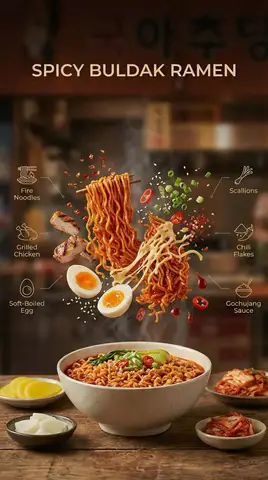 Острая лапша и ингредиенты падают в дымящуюся миску рамена Buldak.