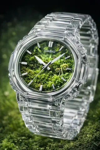 Прозрачные часы Casio с миниатюрным террариумом из мха, папоротников и микротравы.