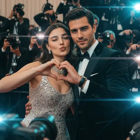 Пример промпта для гламурного портрета пары на красной дорожке.