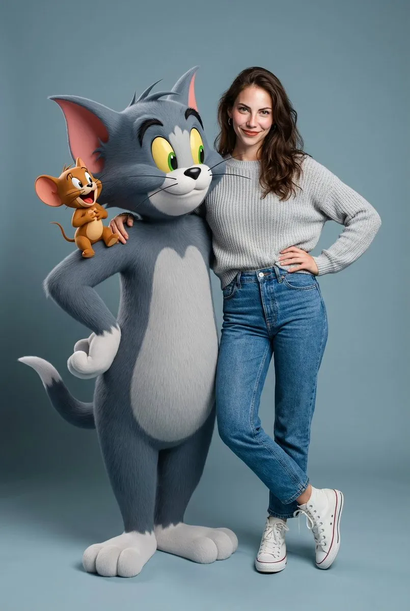 Пример JSON-промпта для модного портрета рядом с гигантской фигурой Bugs Bunny. · пример 2