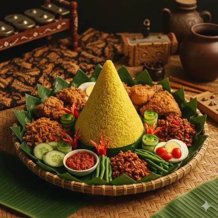 Промпт для фуд-фотографии Nasi Tumpeng с жёлтым рисом, гарнирами и яванским декором. · пример 3