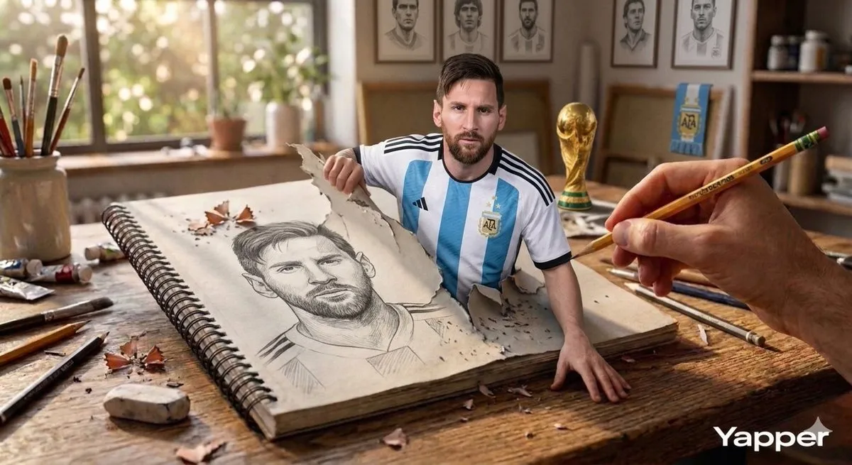 Пример промпта для 3D-изображения Messi и Ronaldo, выходящих из альбома для эскизов · пример 2