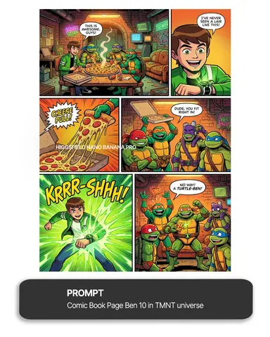 Пример страницы комикса-кроссовера Ben 10 и Teenage Mutant Ninja Turtles.