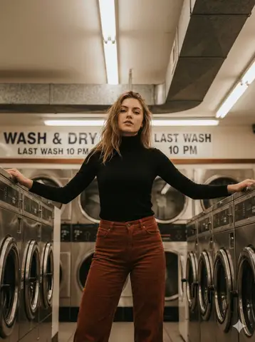 Пример JSON-промпта для журнального портрета в городской прачечной.