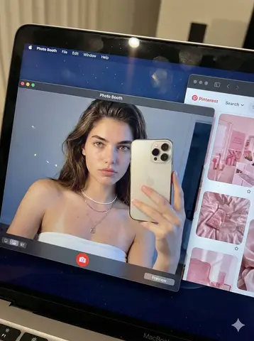 Пример реалистичного экрана MacBook с окном Photo Booth и селфи женщины.