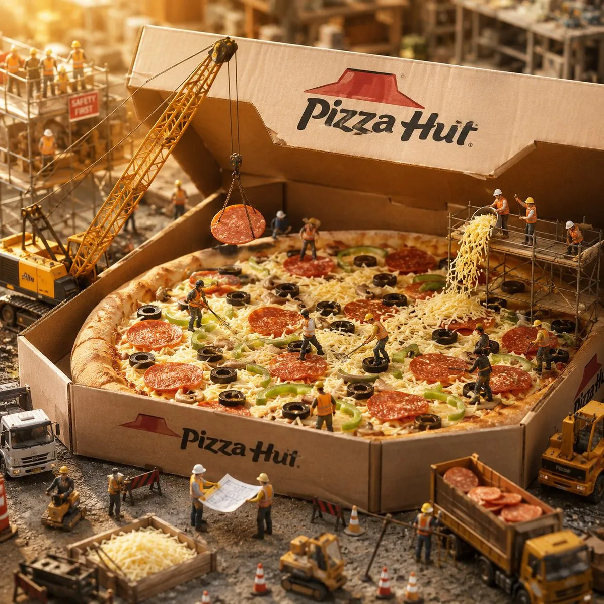 Иллюстрация к промпту о миниатюрной команде, готовящей пиццу Pizza Hut.