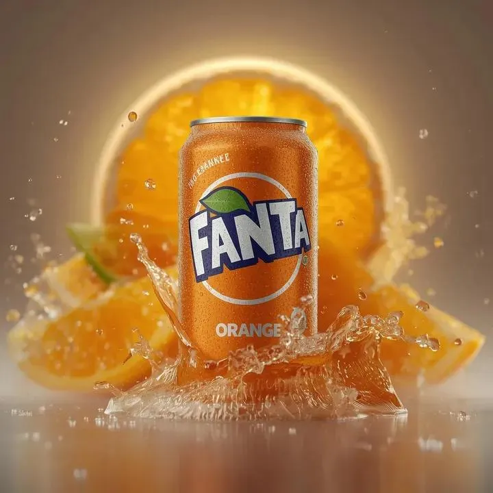 Промпт для рекламной фотографии холодной банки Fanta Orange с брызгами и ломтиками апельсина. · пример 4