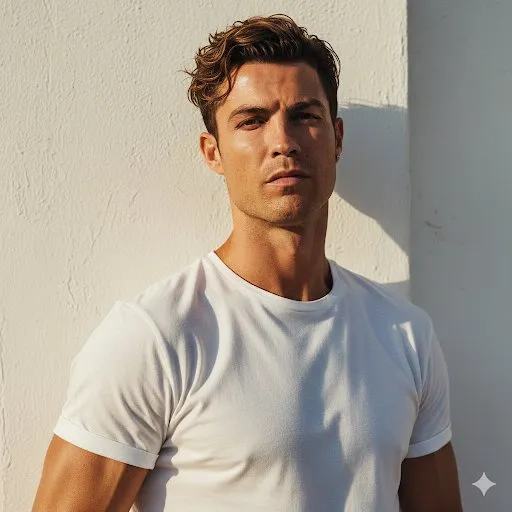 Cristiano Ronaldo в белой футболке прислонился к солнечной штукатурной стене.