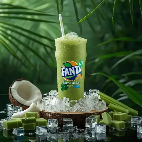Пример рекламного промпта с холодной банкой FANTA на деревянном столе у океана.