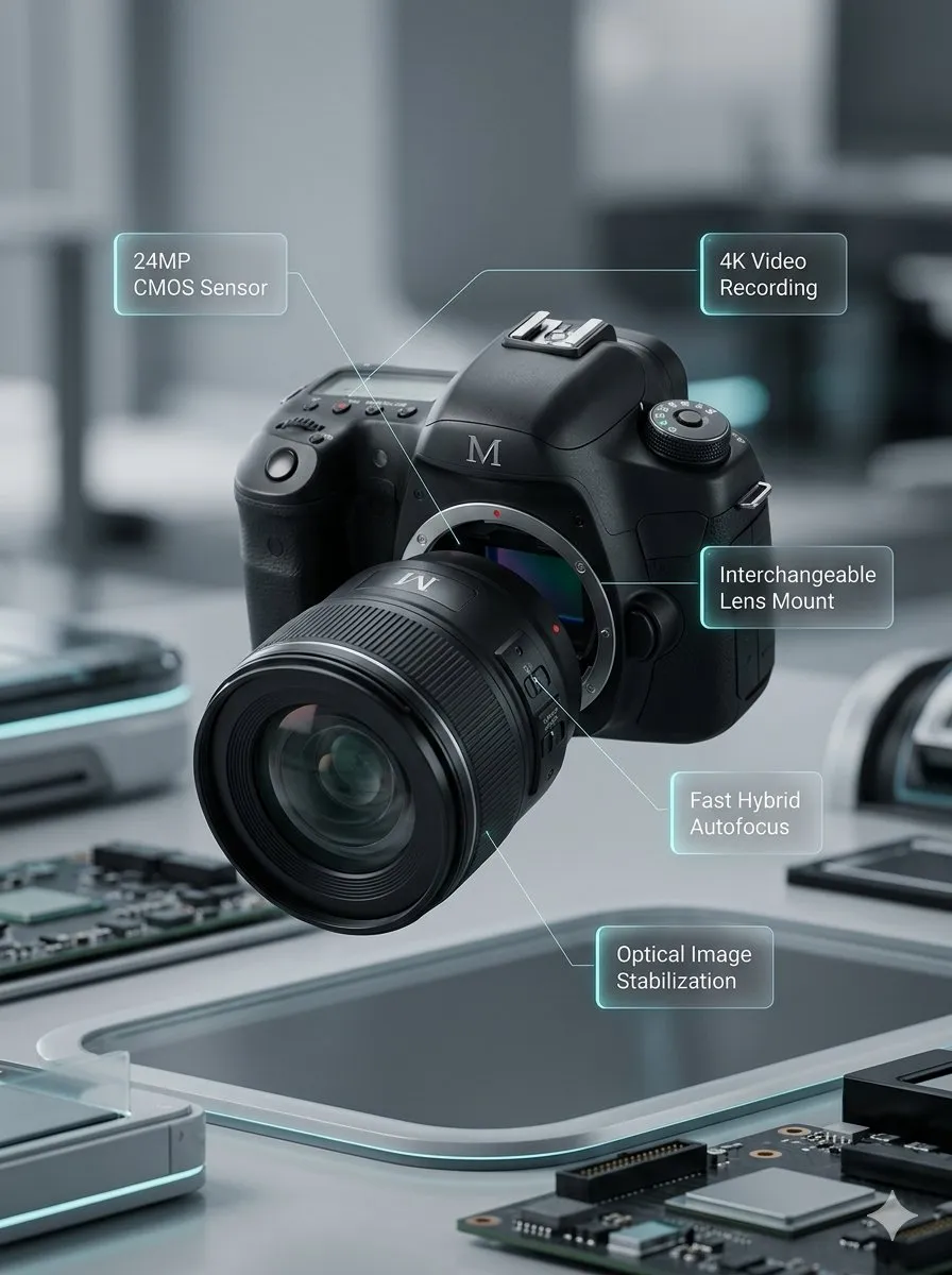 Пример двух промптов для разобранной и собранной камеры M DSLR с техническими подписями.