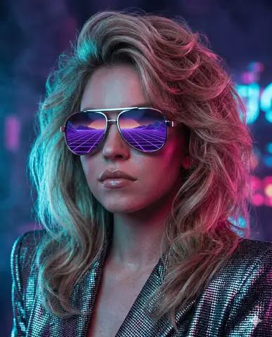 Пример промпта для ретрофутуристического портрета Sydney Sweeney с фиолетовой неоновой сеткой в очках.