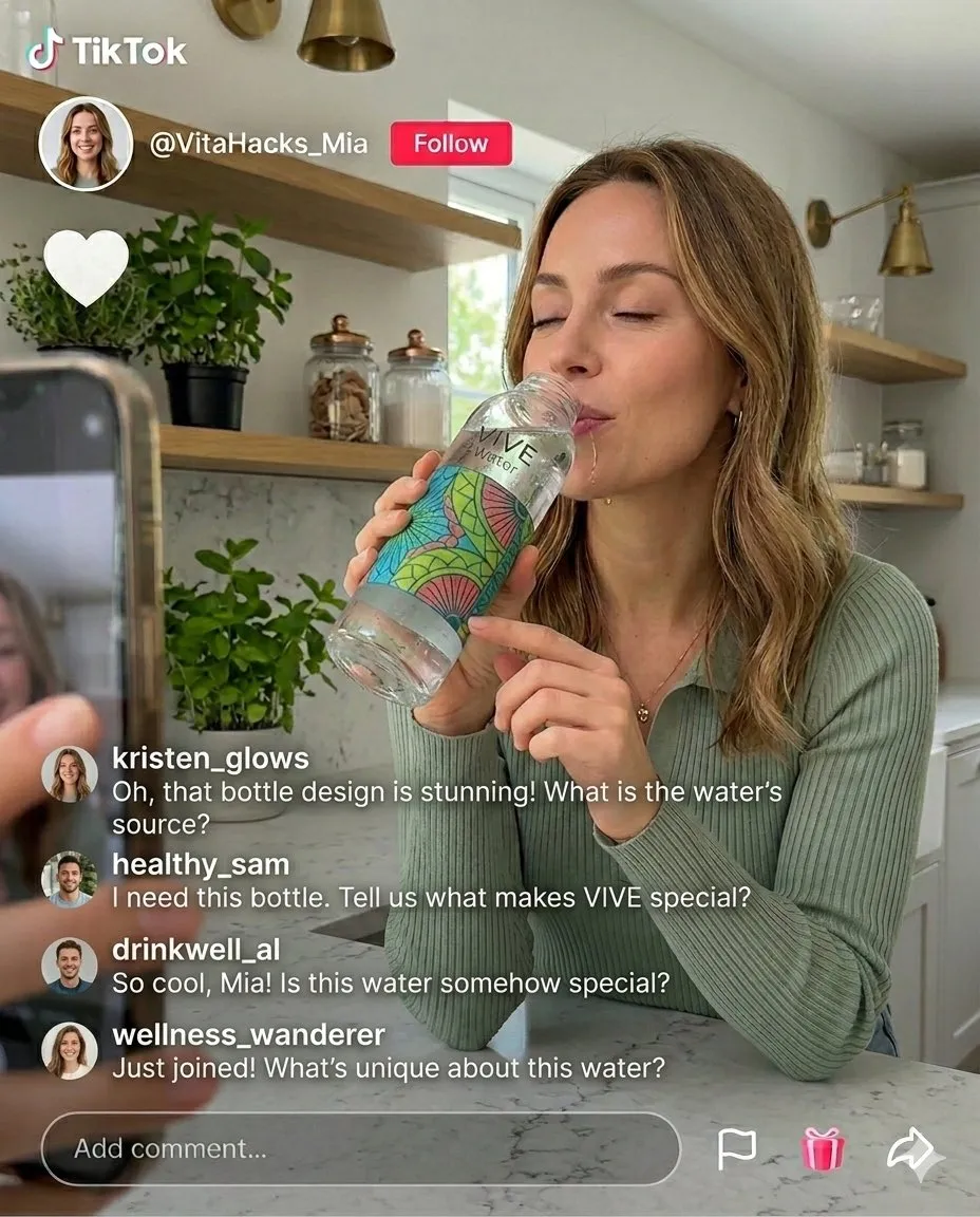 Креатор TikTok держит продукт на кухне. · пример 4