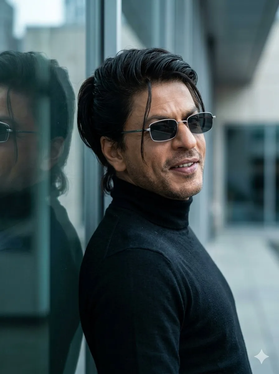 Промпт для портрета Shah Rukh Khan у современного стеклянного здания. · пример 2