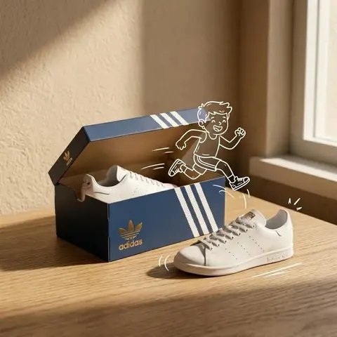 Кроссовки Adidas в коробке с белым рисованным персонажем поверх изображения.