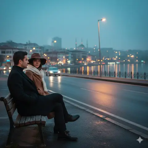 Описание промпта для романтической вечерней сцены пары у озера в Istanbul.