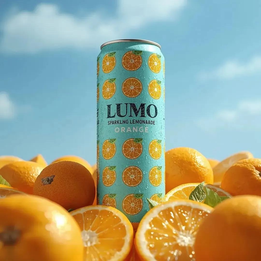 Текстовый промпт для рекламной фотографии банки LUMO с апельсинами. · пример 1