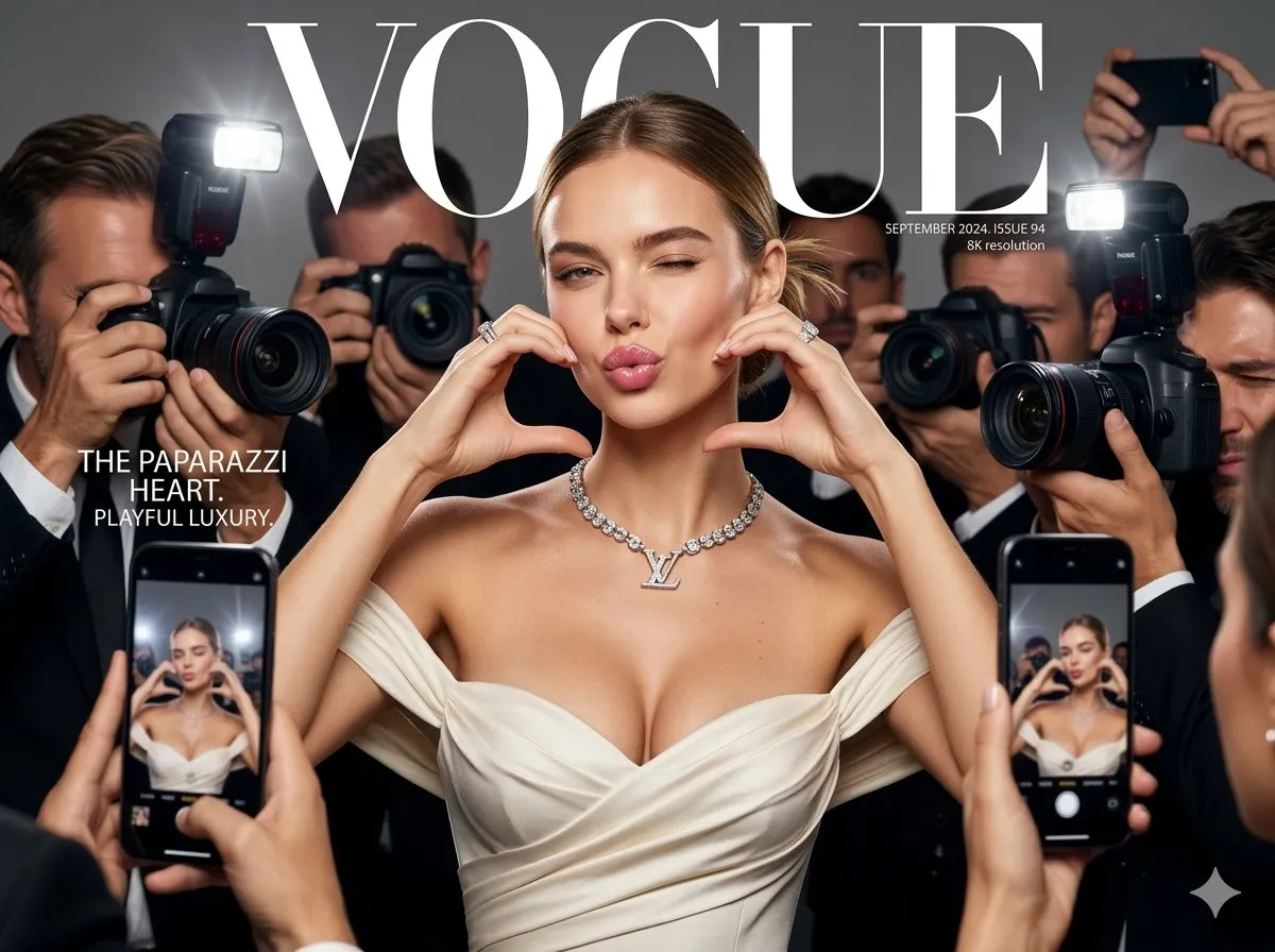 Женщина подмигивает и складывает руками сердце для обложки Vogue. · пример 1