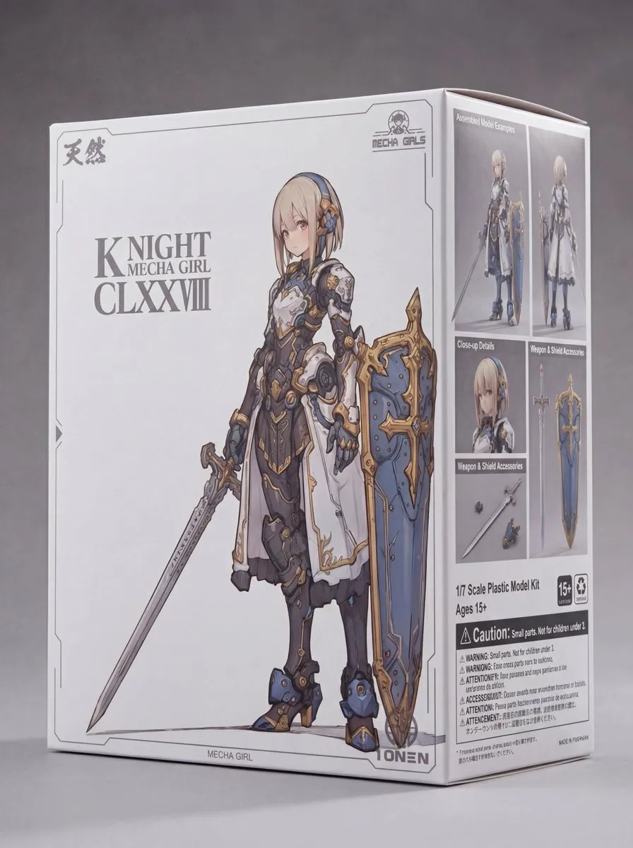 Промпт для упаковки фигурки KNIGHT MECHA GIRL с номером и подзаголовком · пример 3