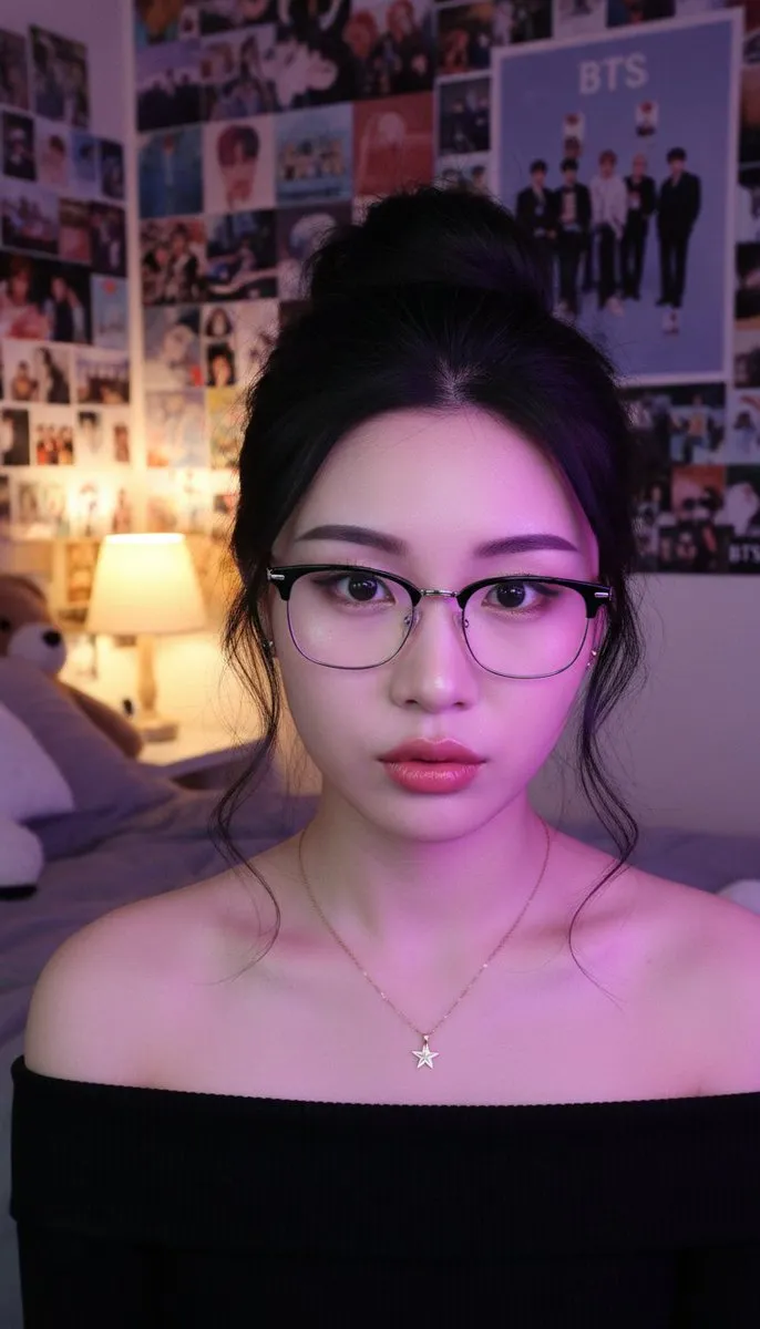 Пример промпта для крупного портрета в комнате поклонницы K-pop с фиолетовым светом и постерами. · пример 2